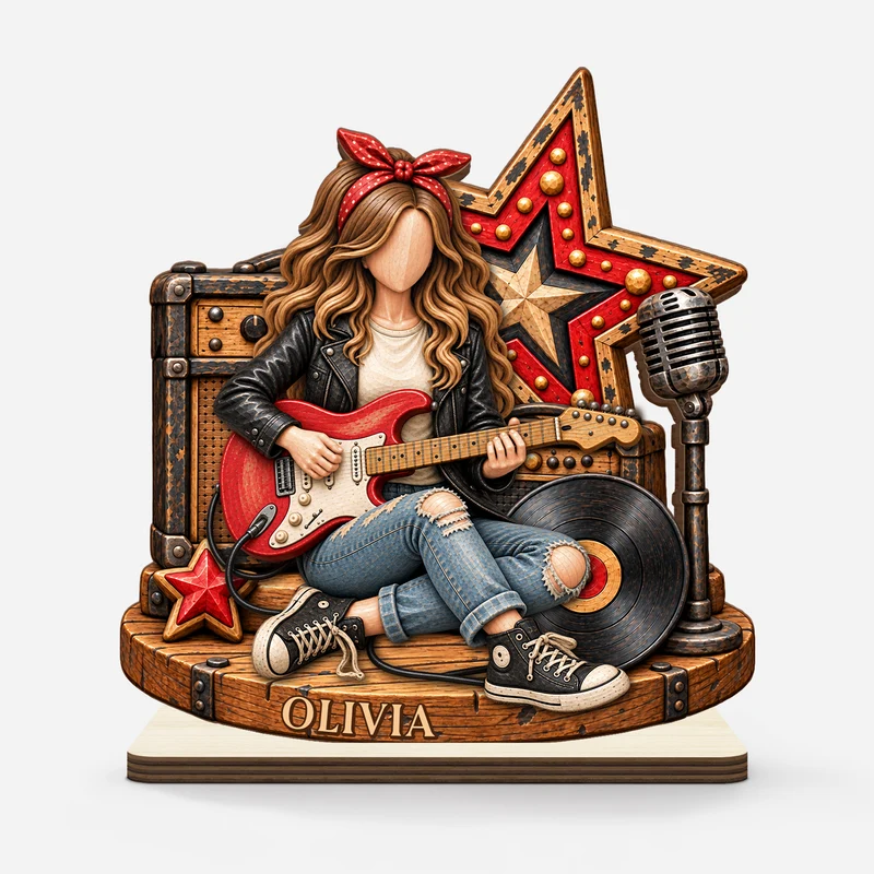 [3D-Optik] Rock Musik Gitarre - Holzaufsteller Personalisiert Mit Standfuß