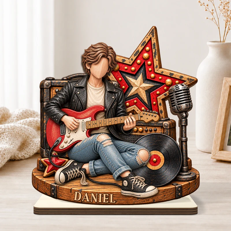 [3D-Optik] Rock Musik Gitarre - Holzaufsteller Personalisiert Mit Standfuß