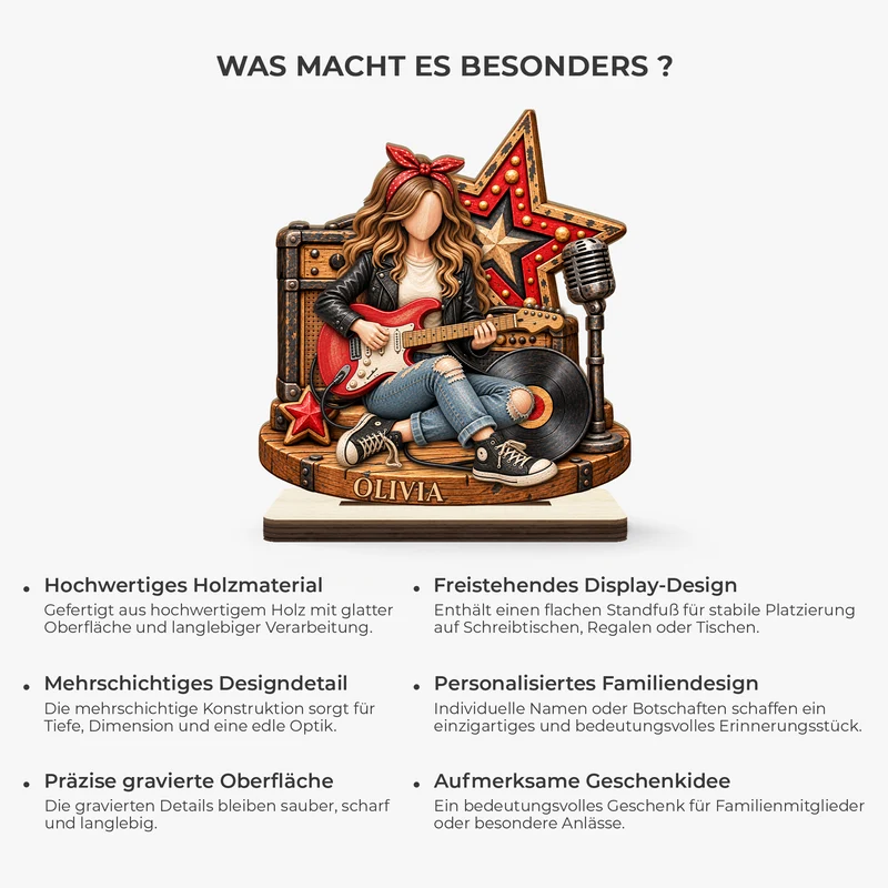 [3D-Optik] Rock Musik Gitarre - Holzaufsteller Personalisiert Mit Standfuß