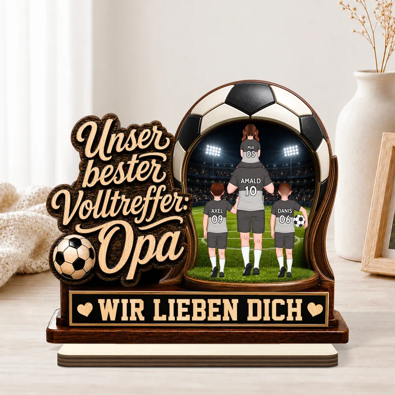 Unser Bester Volltreffer Papa Opa - Personalisiertes Geschenk | Holzaufsteller Mit Standfuß Vatertag Fußball
