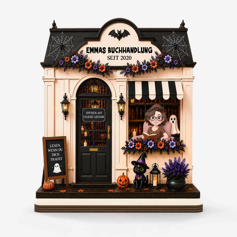 Buchhandlung - Personalisiertes Geschenk | Holzaufsteller Mit Standfuß Halloween Cartoon