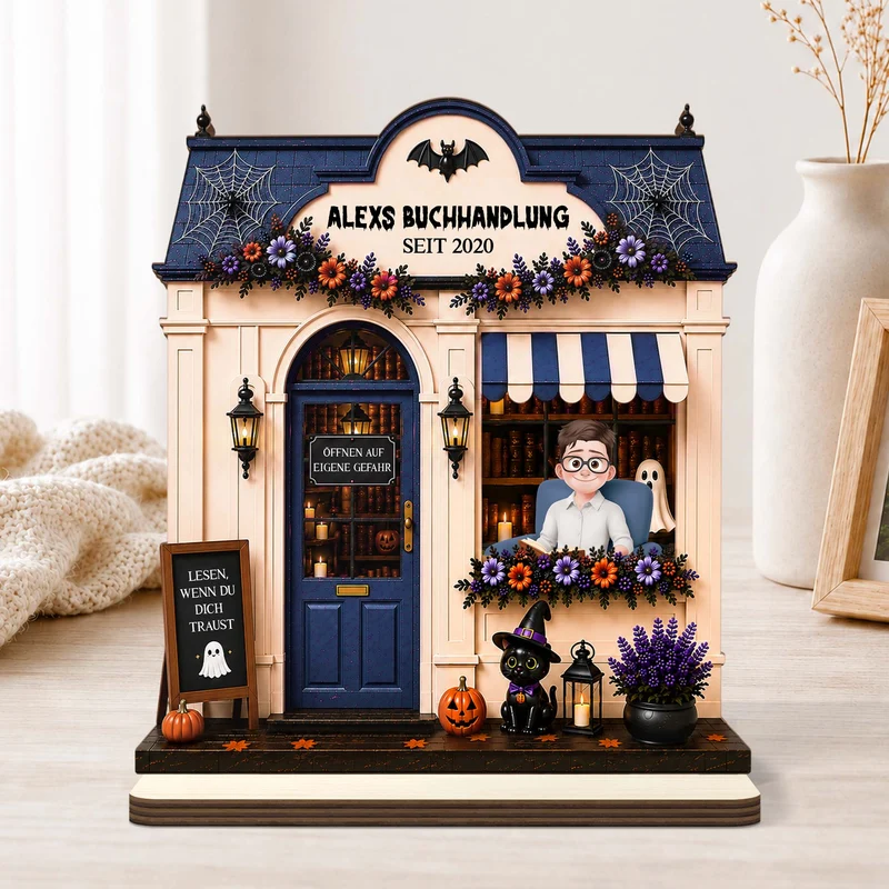 Buchhandlung - Personalisiertes Geschenk | Holzaufsteller Mit Standfuß Halloween Cartoon