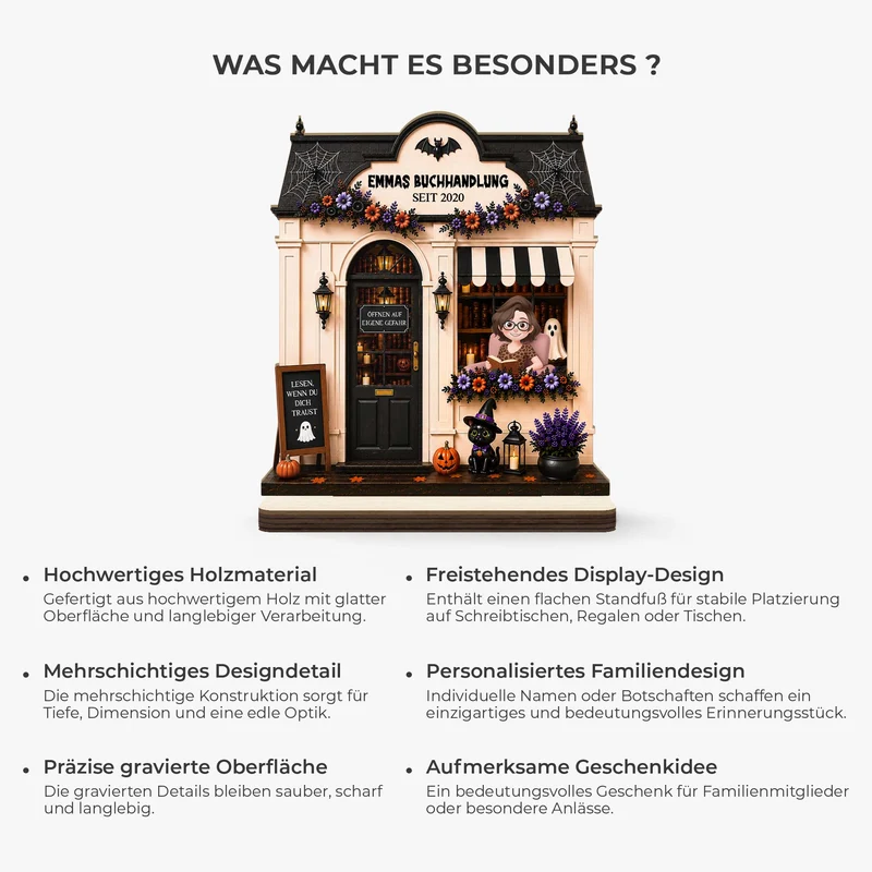 Buchhandlung - Personalisiertes Geschenk | Holzaufsteller Mit Standfuß Halloween Cartoon