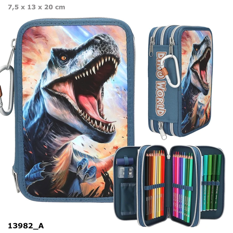 Dino World 3-Fach Federtasche gefüllt - T-Rex Motiv