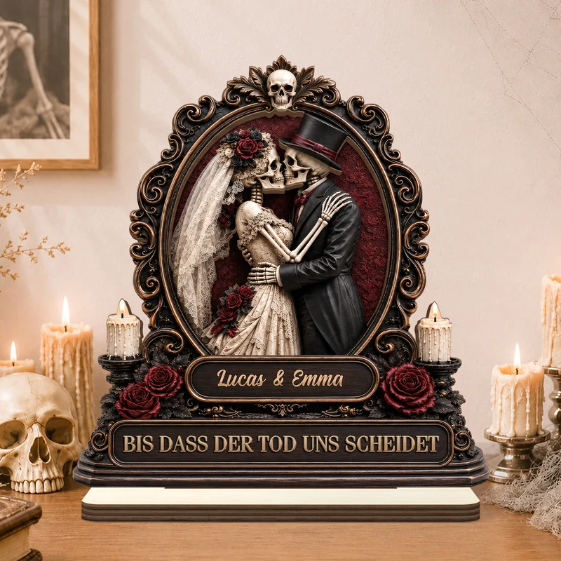 [3D-Optik] Bis Dass Der Tod Uns Scheidet - Personalisierte Geschenke Paar | Holzaufsteller Mit Standfuß Halloween Skelett