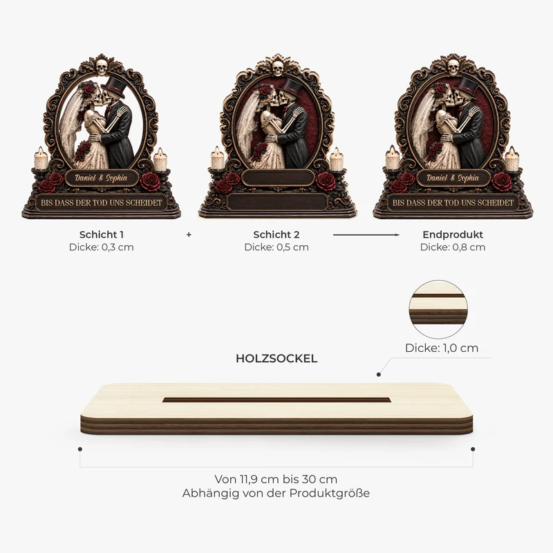 [3D-Optik] Bis Dass Der Tod Uns Scheidet - Personalisierte Geschenke Paar | Holzaufsteller Mit Standfuß Halloween Skelett