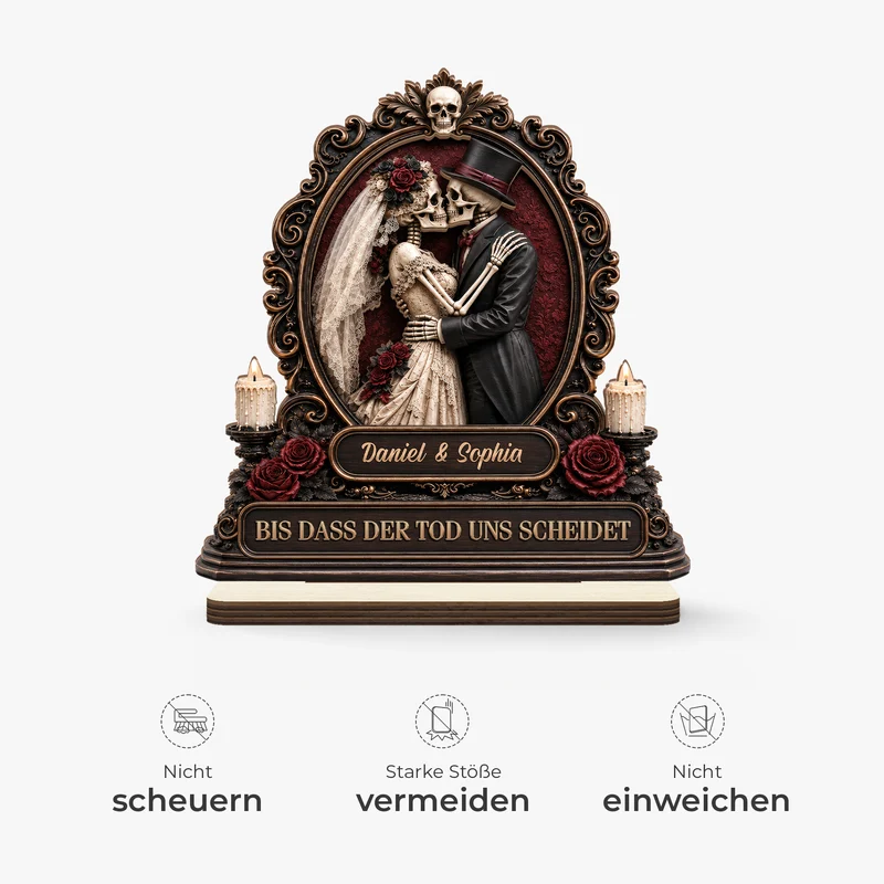 [3D-Optik] Bis Dass Der Tod Uns Scheidet - Personalisierte Geschenke Paar | Holzaufsteller Mit Standfuß Halloween Skelett