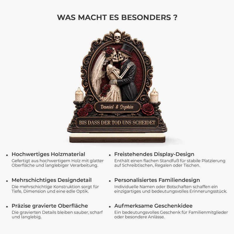 [3D-Optik] Bis Dass Der Tod Uns Scheidet - Personalisierte Geschenke Paar | Holzaufsteller Mit Standfuß Halloween Skelett