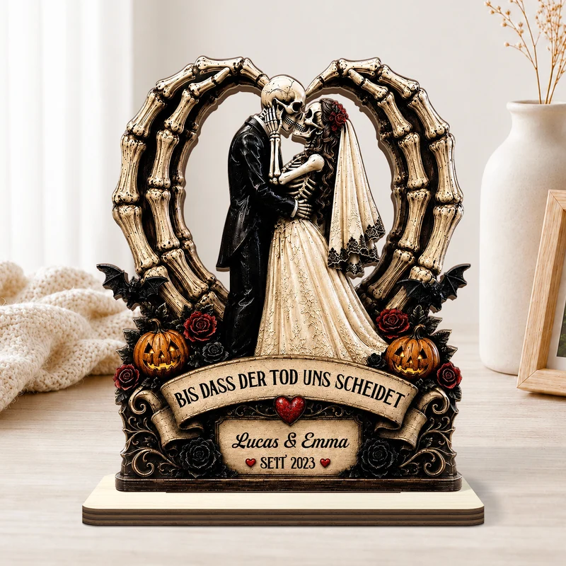[3D-Optik] Bis Dass Der Tod Uns Scheidet - Personalisiertes Geschenk | Holzaufsteller Mit Standfuß Halloween Paar