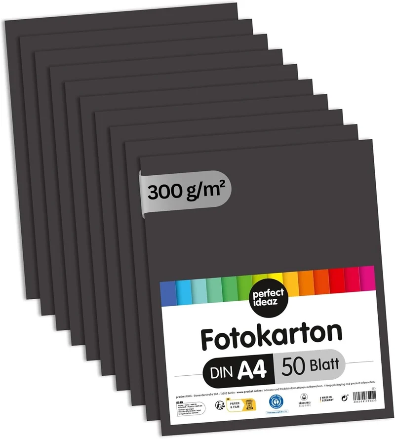 50 Blatt Fotokarton DIN-A4, Schwarz, 300 g/m², made in Germany, Blauer Engel zertifiziert