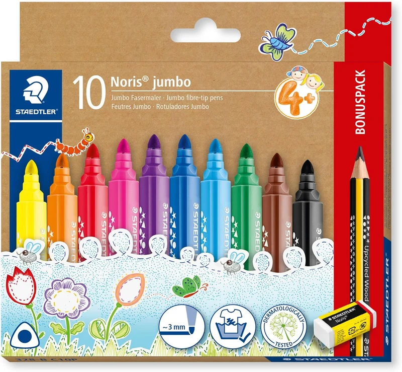 STAEDTLER Noris jumbo 10 Fasermaler + Bleistift + Radierer