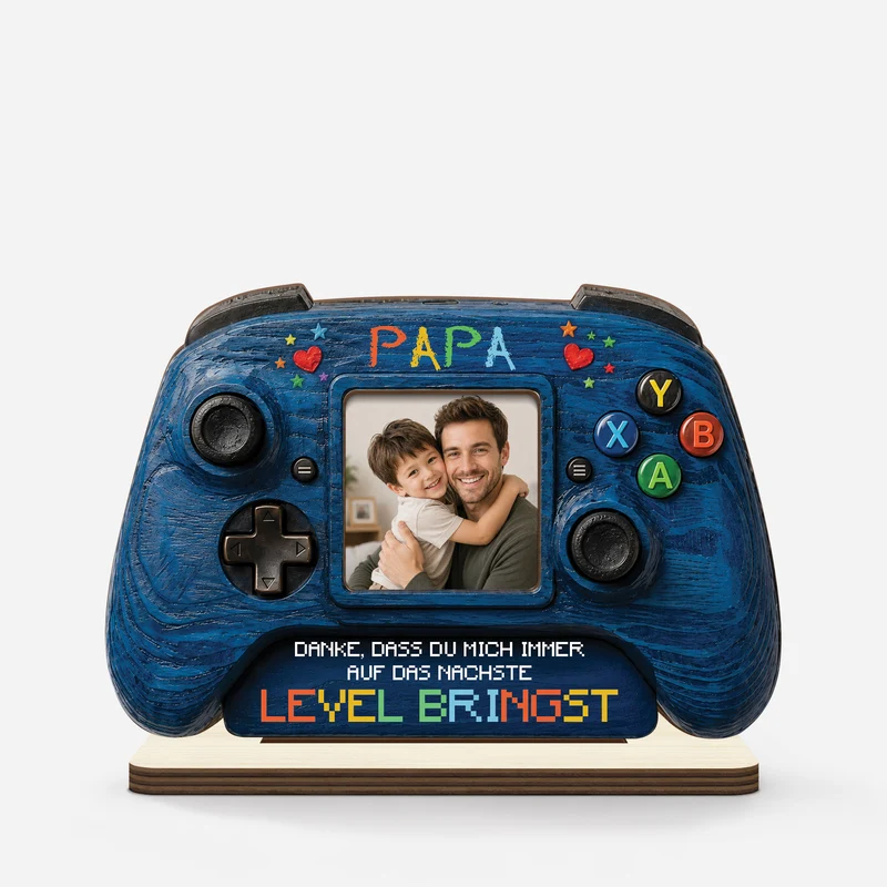 [3D-Optik] Danke Dass Du Mich Immer Auf Das Nächste Level Bringst - Personalisierte Geschenke Foto | Holzaufsteller Mit Standfuß Papa Opa