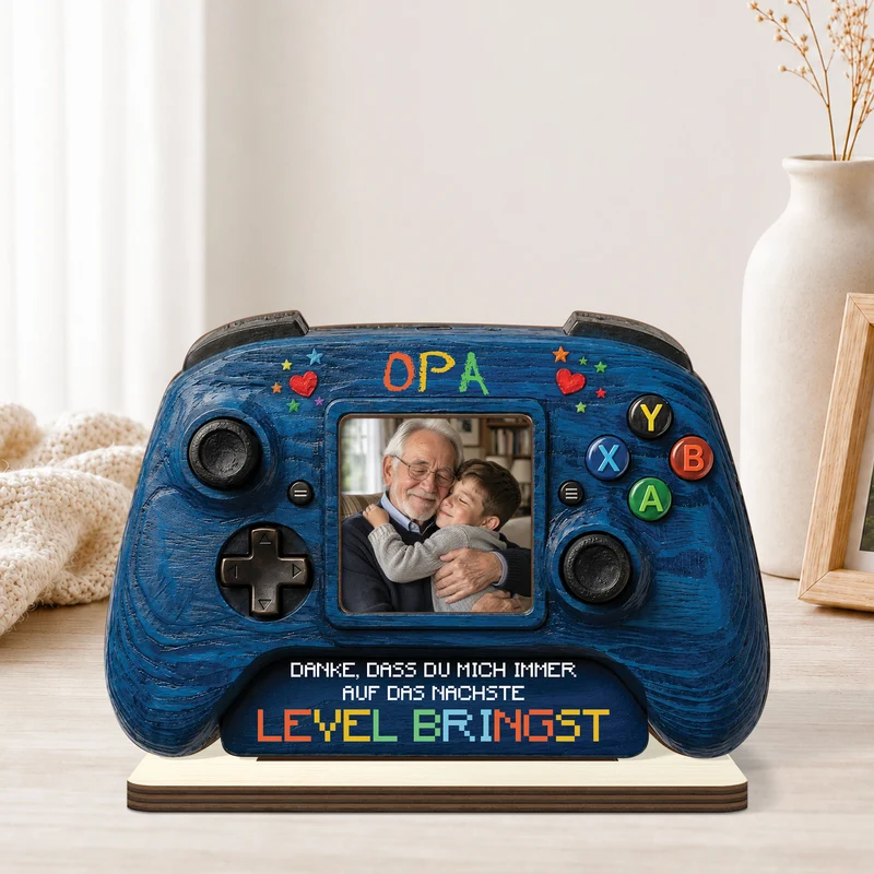 [3D-Optik] Danke Dass Du Mich Immer Auf Das Nächste Level Bringst - Personalisierte Geschenke Foto | Holzaufsteller Mit Standfuß Papa Opa