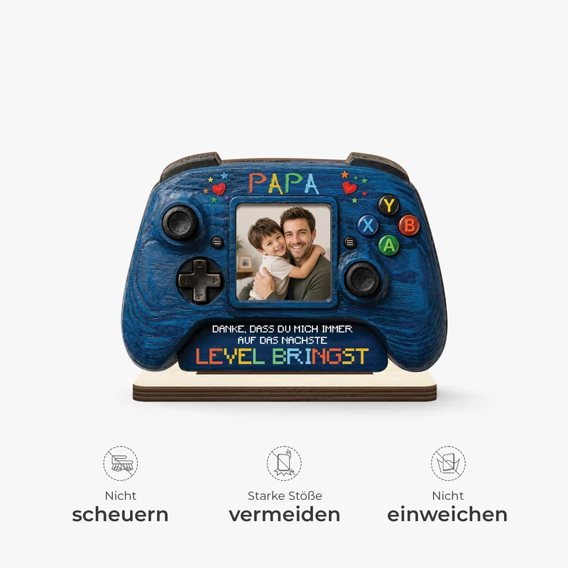 [3D-Optik] Danke Dass Du Mich Immer Auf Das Nächste Level Bringst - Personalisierte Geschenke Foto | Holzaufsteller Mit Standfuß Papa Opa