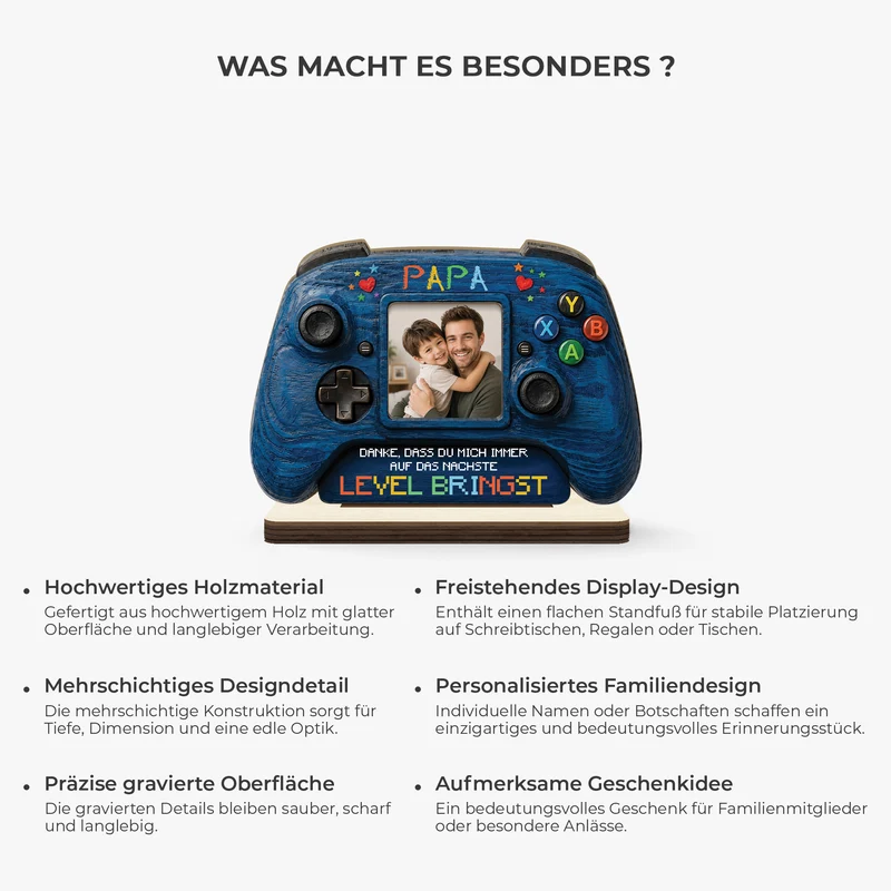 [3D-Optik] Danke Dass Du Mich Immer Auf Das Nächste Level Bringst - Personalisierte Geschenke Foto | Holzaufsteller Mit Standfuß Papa Opa