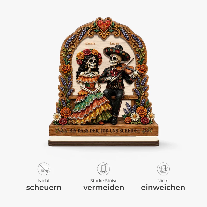 [3D-Optik] Tag Der Toten Mexiko - Holzaufsteller Personalisiert Mit Standfuß Skelett Paar