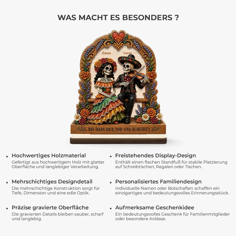 [3D-Optik] Tag Der Toten Mexiko - Holzaufsteller Personalisiert Mit Standfuß Skelett Paar