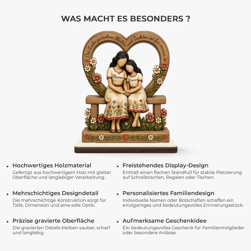 [3D-Optik] Die Liebe Zwischen Mama & Tochter Ist Für Immer - Personalisiertes Geschenk | Holzaufsteller Mit Standfuß