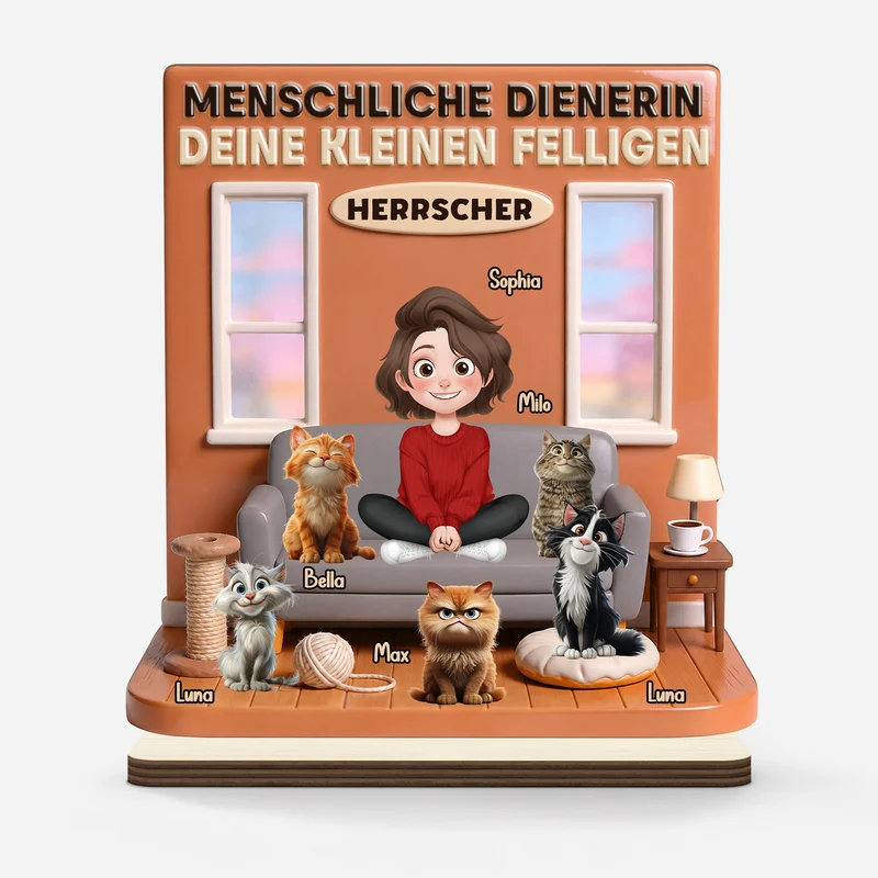 [3D-Optik] Menschlicher Diener - Personalisierte Geschenke Katze | Holzaufsteller