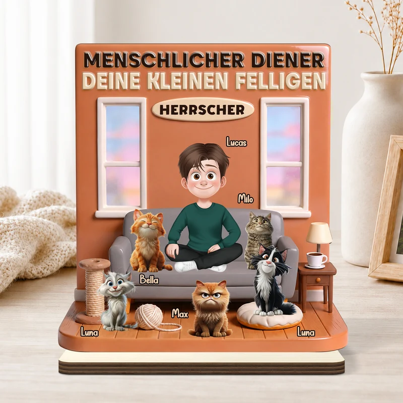 [3D-Optik] Menschlicher Diener - Personalisierte Geschenke Katze | Holzaufsteller
