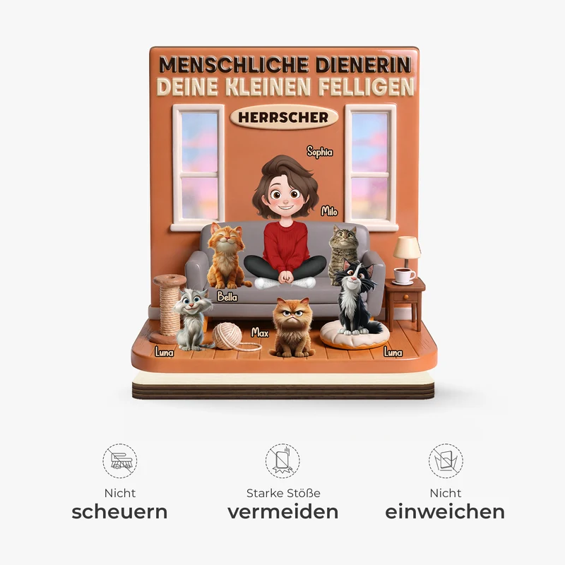 [3D-Optik] Menschlicher Diener - Personalisierte Geschenke Katze | Holzaufsteller