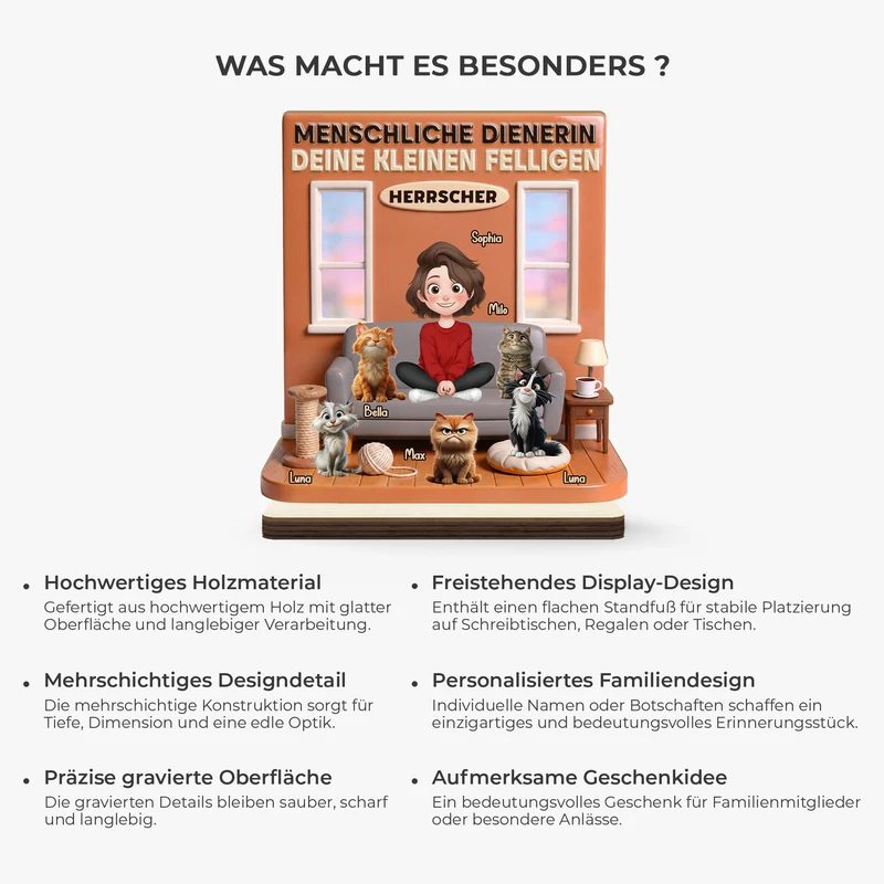 [3D-Optik] Menschlicher Diener - Personalisierte Geschenke Katze | Holzaufsteller
