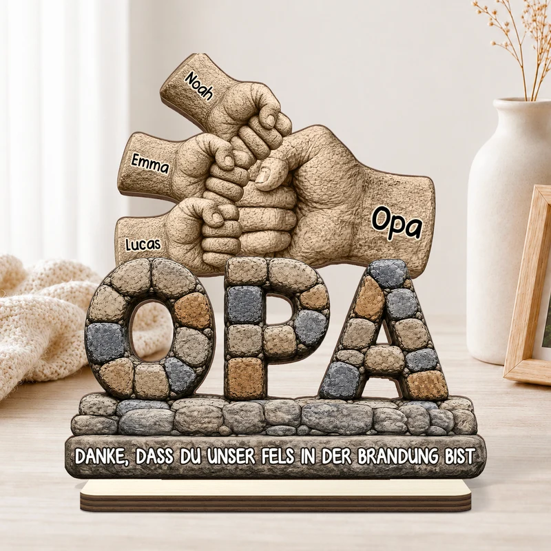 [3D-Optik] Danke Dass Du Unser Fels In Der Brandung Bist - Personalisiertes Geschenk | Holzaufsteller Mit Standfuß Opa Papa