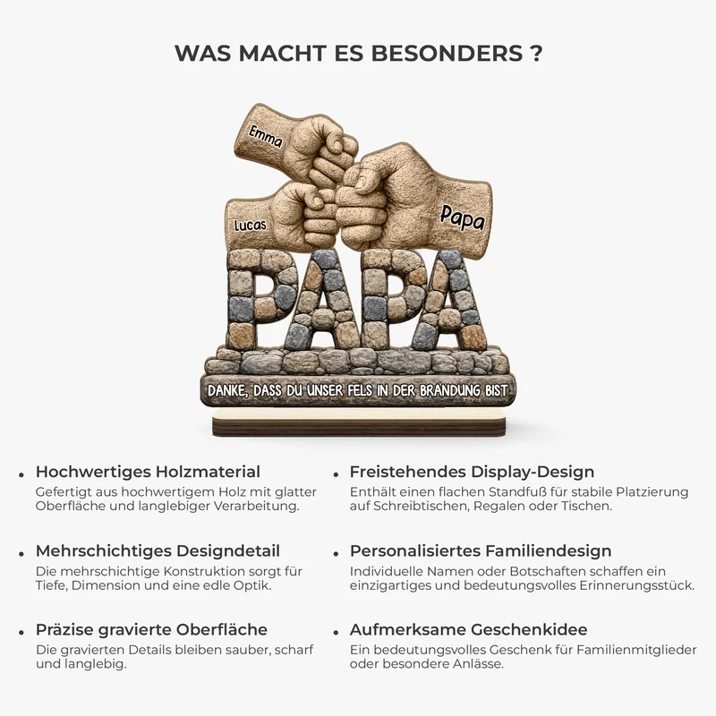 [3D-Optik] Danke Dass Du Unser Fels In Der Brandung Bist - Personalisiertes Geschenk | Holzaufsteller Mit Standfuß Opa Papa