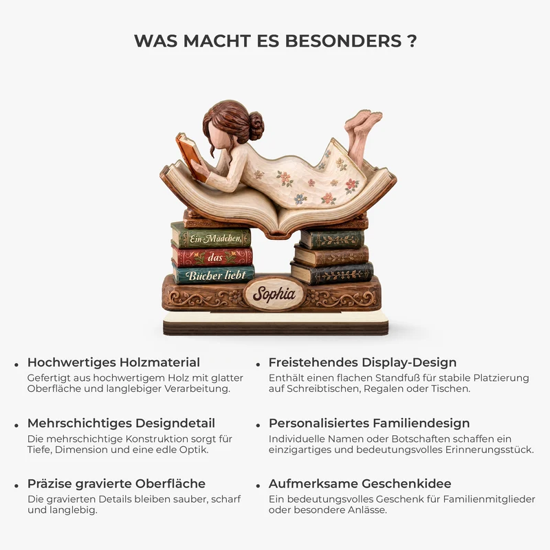 [3D-Optik] Ein Mädchen Das Bücher Liebt - Personalisiertes Geschenk | Holzaufsteller Mit Standfuß