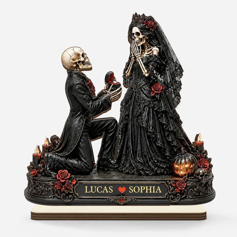 [3D-Optik] Heiratsantrag Skelett Paar Halloween - Personalisiertes Geschenk | Holzaufsteller Mit Standfuß