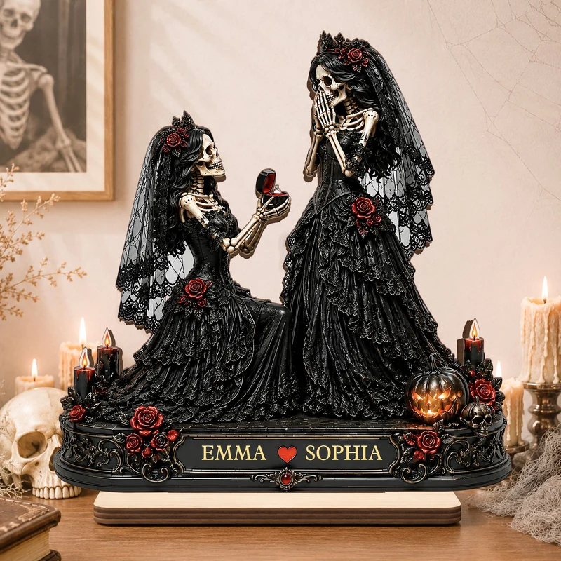 [3D-Optik] Heiratsantrag Skelett Paar Halloween - Personalisiertes Geschenk | Holzaufsteller Mit Standfuß