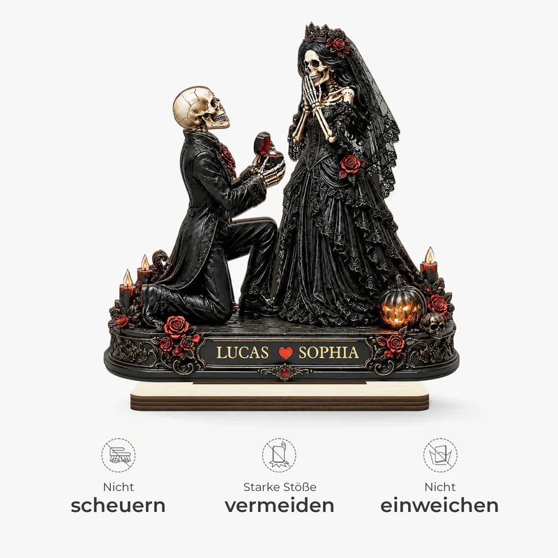 [3D-Optik] Heiratsantrag Skelett Paar Halloween - Personalisiertes Geschenk | Holzaufsteller Mit Standfuß