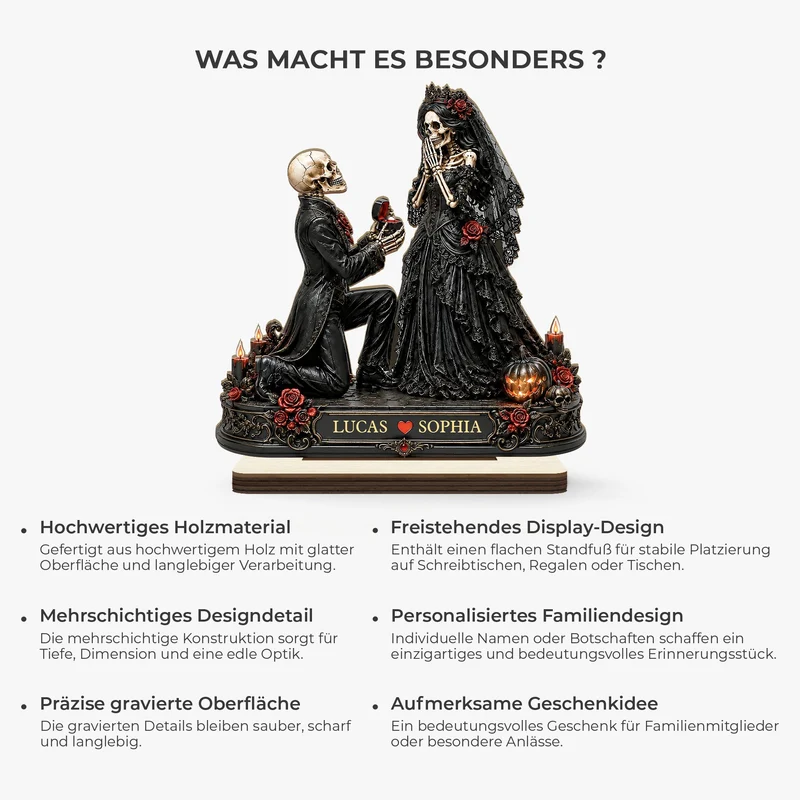 [3D-Optik] Heiratsantrag Skelett Paar Halloween - Personalisiertes Geschenk | Holzaufsteller Mit Standfuß