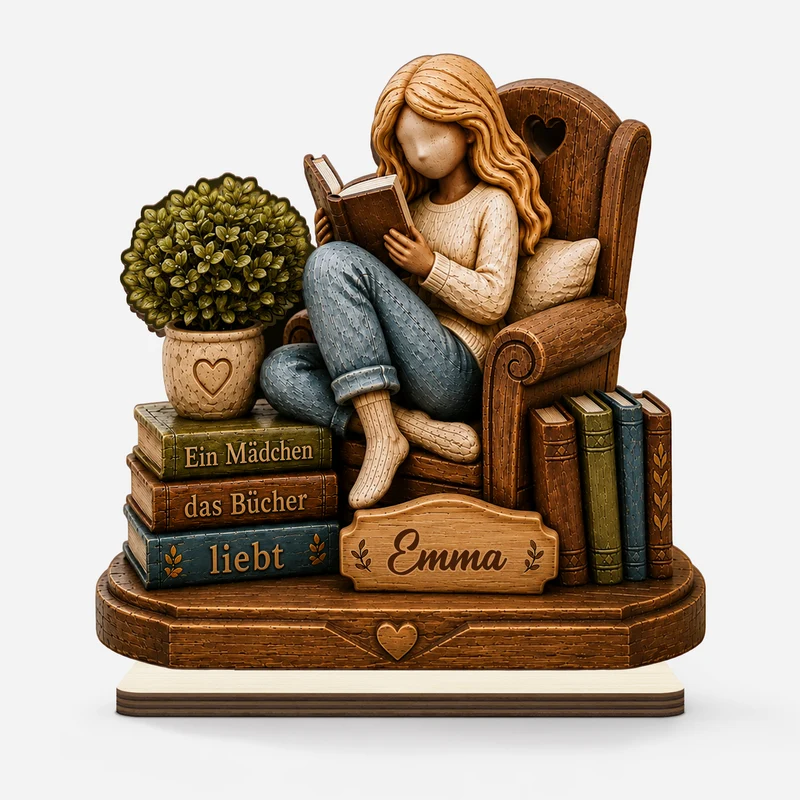 [3D-Optik] Ein Mädchen Das Bücher Liebt - Personalisierte Geschenke Frauen | Holzaufsteller Mit Standfuß