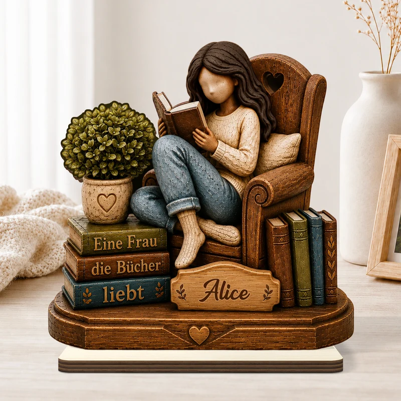 [3D-Optik] Ein Mädchen Das Bücher Liebt - Personalisierte Geschenke Frauen | Holzaufsteller Mit Standfuß