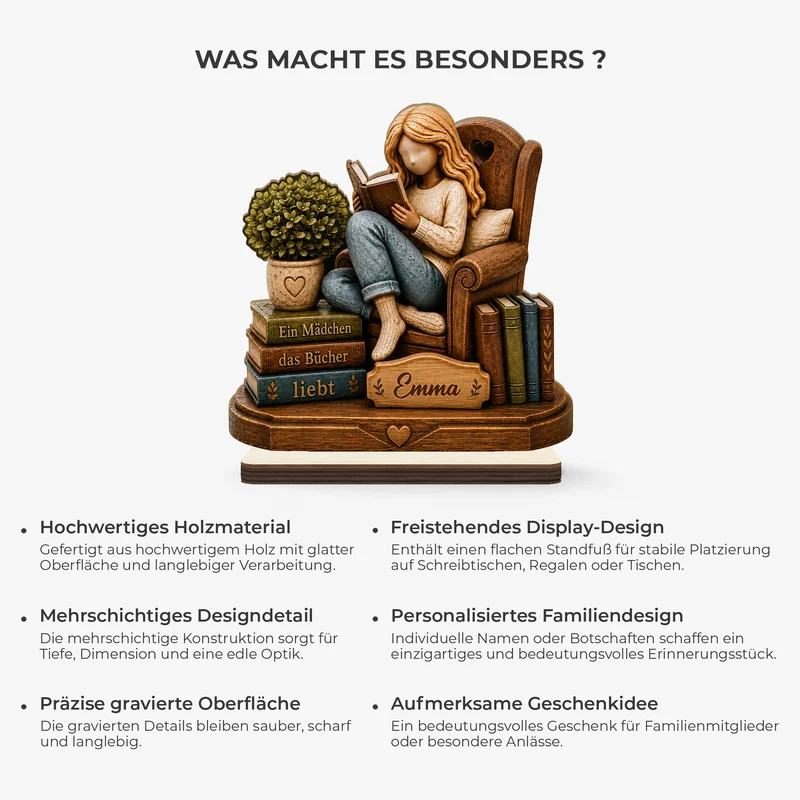 [3D-Optik] Ein Mädchen Das Bücher Liebt - Personalisierte Geschenke Frauen | Holzaufsteller Mit Standfuß