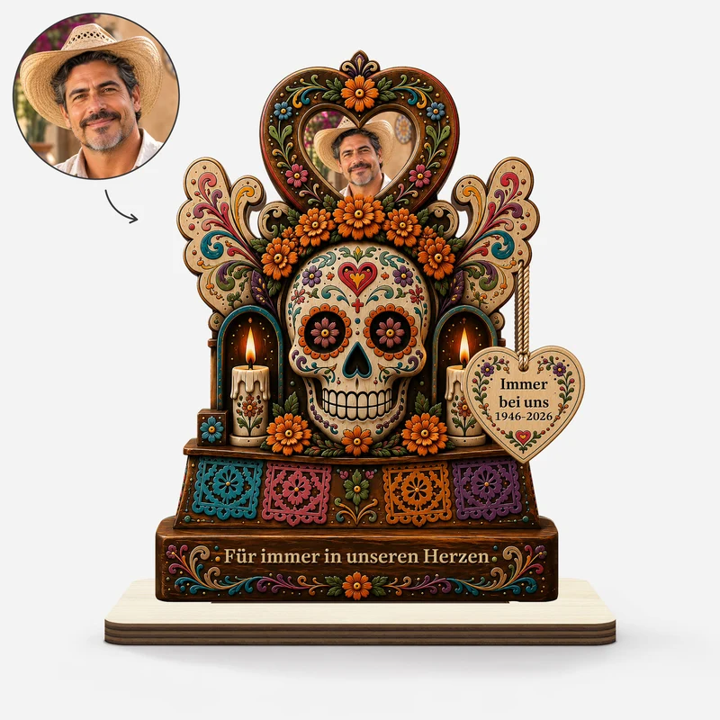 Für Immer In Unseren Herzen Tag Der Toten Mexiko - Personalisierte Trauergeschenke | Holzaufsteller Mit Standfuß Foto