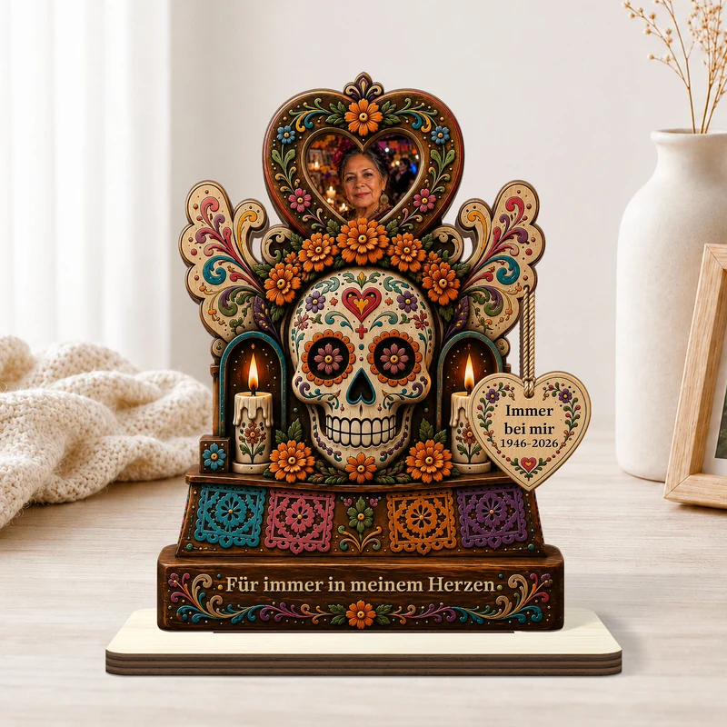 Für Immer In Unseren Herzen Tag Der Toten Mexiko - Personalisierte Trauergeschenke | Holzaufsteller Mit Standfuß Foto