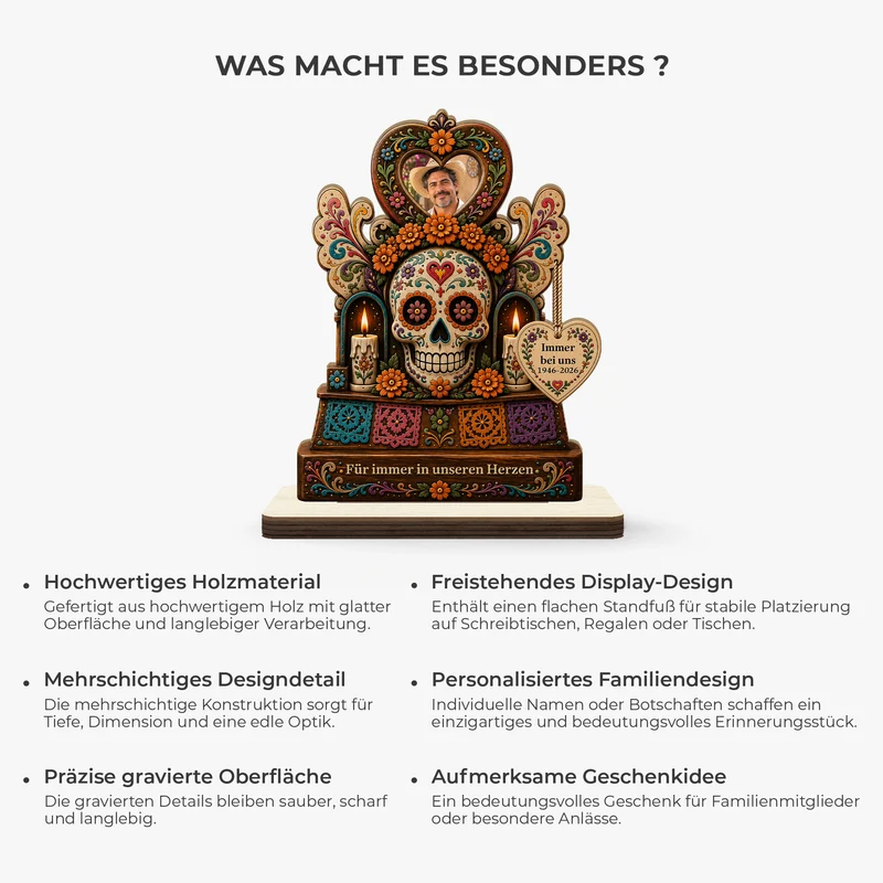 Für Immer In Unseren Herzen Tag Der Toten Mexiko - Personalisierte Trauergeschenke | Holzaufsteller Mit Standfuß Foto