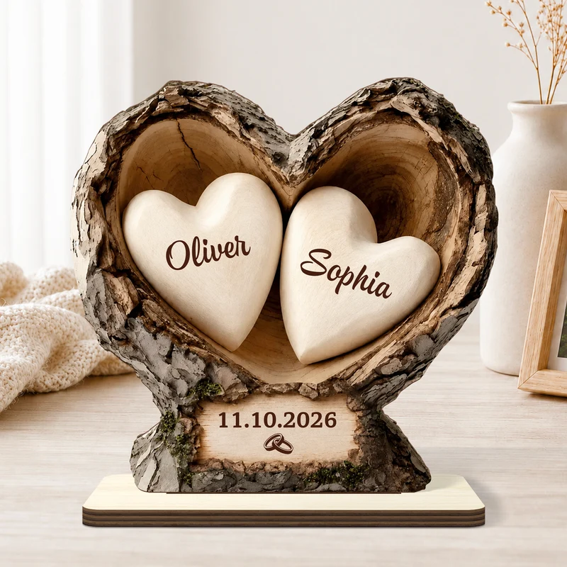 Liebespaar Mit Namen Herzen - Personalisiertes Geschenk | Holzaufsteller Mit Standfuß