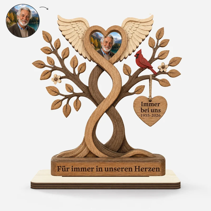 [3D-Optik] Für Immer In Unseren Herzen - Personalisierte Trauergeschenke | Holzaufsteller Mit Standfuß Foto