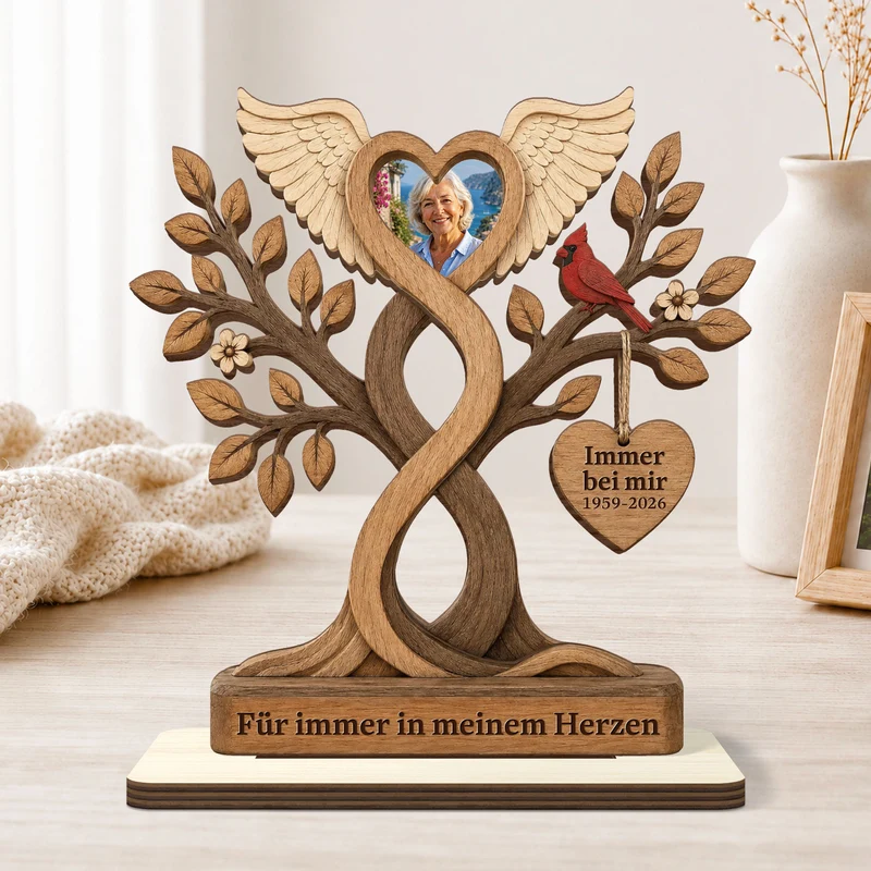 [3D-Optik] Für Immer In Unseren Herzen - Personalisierte Trauergeschenke | Holzaufsteller Mit Standfuß Foto