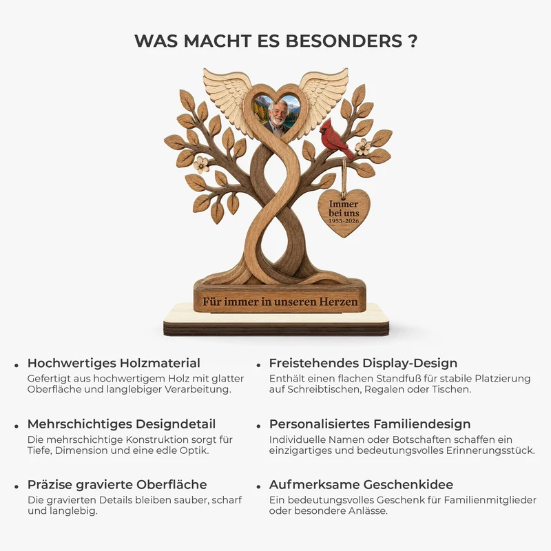 [3D-Optik] Für Immer In Unseren Herzen - Personalisierte Trauergeschenke | Holzaufsteller Mit Standfuß Foto