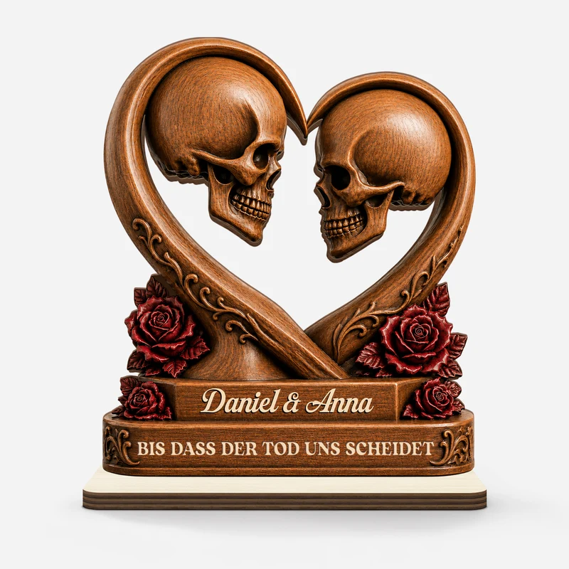 [3D-Optik] Bis Dass Der Tod Uns Scheidet - Personalisierte Geschenke Paar | Holzaufsteller Mit Standfuß Schädel Halloween