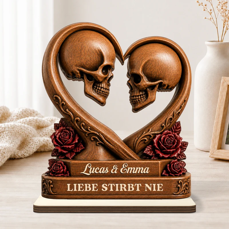 [3D-Optik] Bis Dass Der Tod Uns Scheidet - Personalisierte Geschenke Paar | Holzaufsteller Mit Standfuß Schädel Halloween