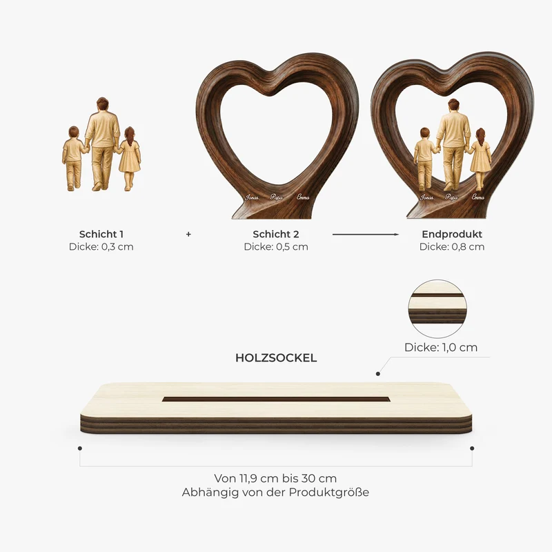 [3D-Optik] Papa Mama Kinder - Personalisiertes Geschenk | Holzaufsteller Mit Standfuß