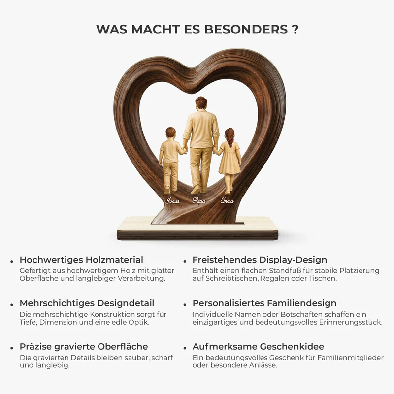 [3D-Optik] Papa Mama Kinder - Personalisiertes Geschenk | Holzaufsteller Mit Standfuß