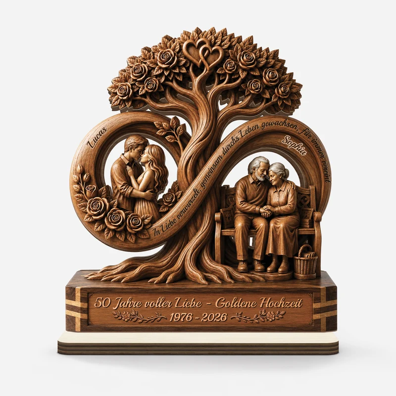 [3D-Optik] 50 Jahre Voller Liebe Goldene Hochzeit - Personalisierte Geschenke Paar | Holzaufsteller Mit Standfuß