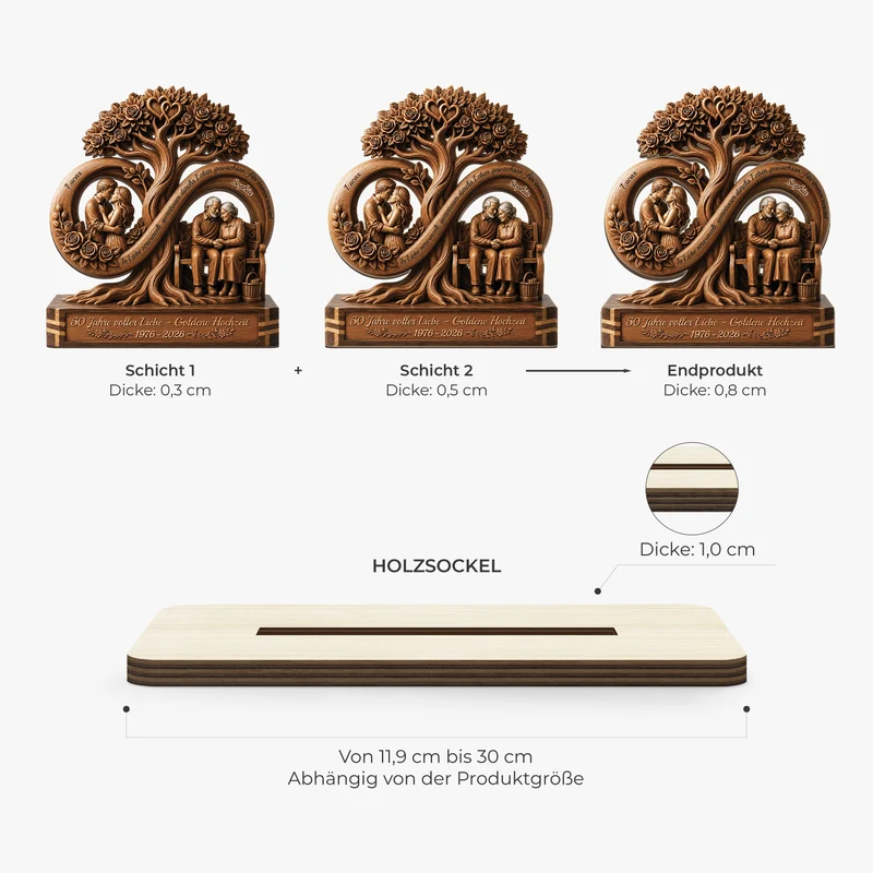 [3D-Optik] 50 Jahre Voller Liebe Goldene Hochzeit - Personalisierte Geschenke Paar | Holzaufsteller Mit Standfuß