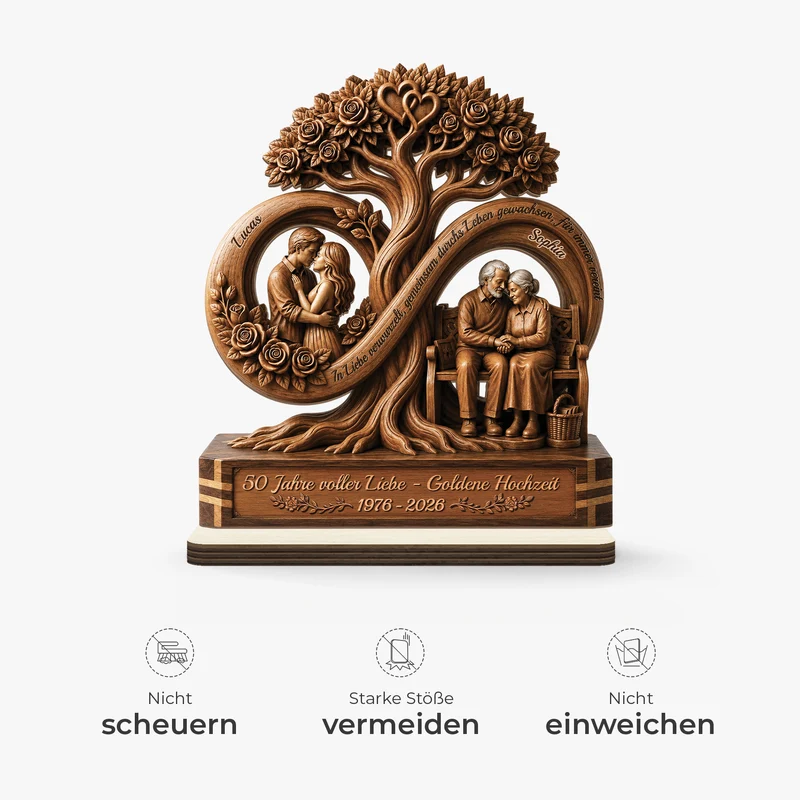 [3D-Optik] 50 Jahre Voller Liebe Goldene Hochzeit - Personalisierte Geschenke Paar | Holzaufsteller Mit Standfuß